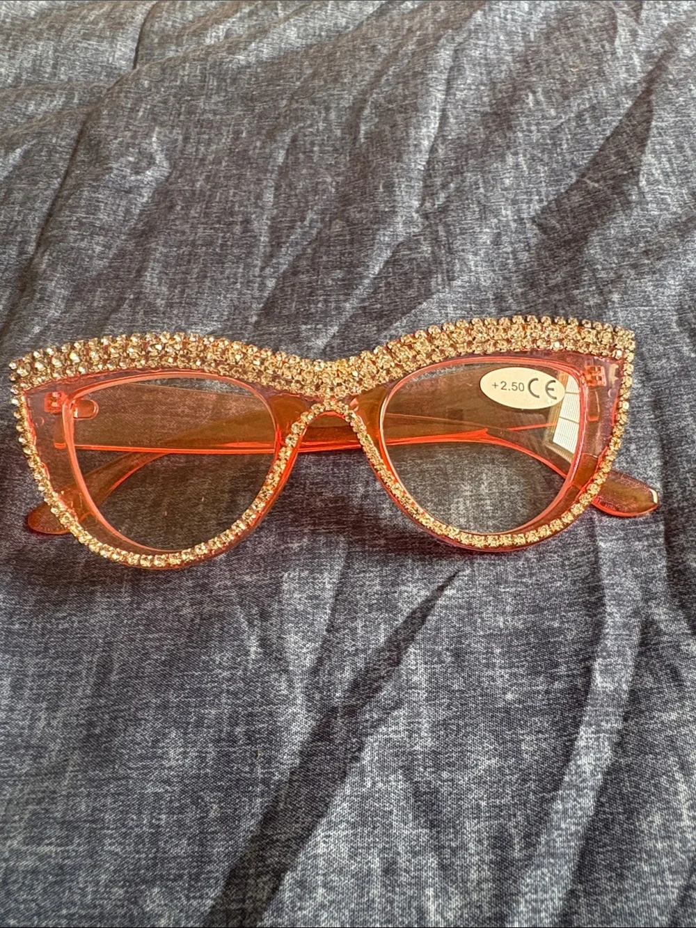 ✨ Rhinestone Cat Eye Reading Glasses +2.50 Orange/Gold